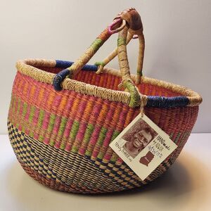 Handmade Colorful African Market Basket with Leather Handles 16"